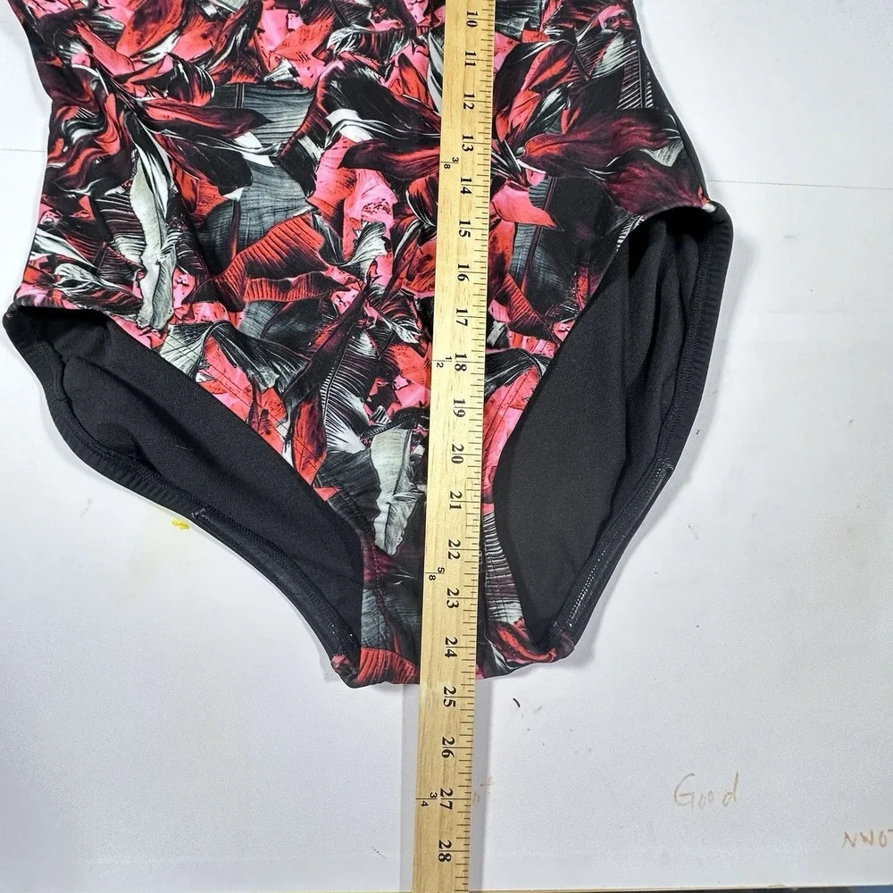 Gabar One Piece Swimsuit Women's Size 14 Tummy Control Black Pink Floral Ruched